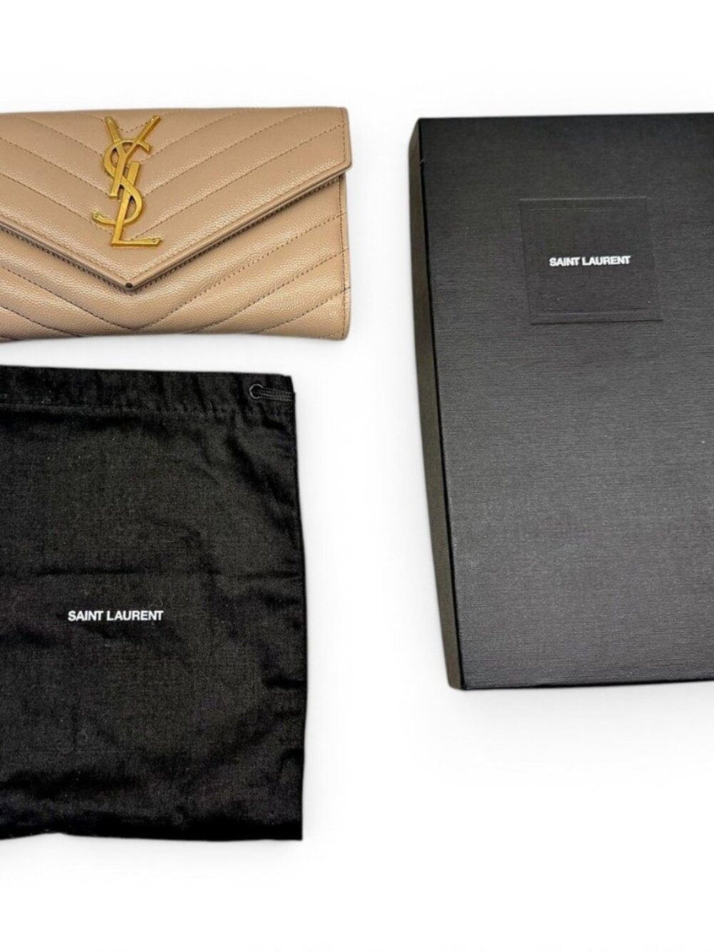Saint Laurent Monogramme Leather Wallet — Beige, Box & Dustbag